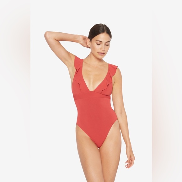 ROBIN PICCONE Lina Ruffle V-neck One Piece Size 6 Brick Red - Picture 2 of 12